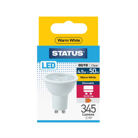 4.5w = 50w = 345 lumens - Dimmable LED - GU10 - 38° - Clear - Warm White - 3000k -1 pk box - in White CDU
