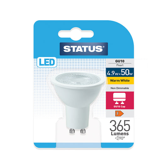 4.9w = 50w = 365 lumens - LED - GU10 - 38° - Clear - Warm White - 3000k - 1 pk - in a Trapped Blister - in Brown Box