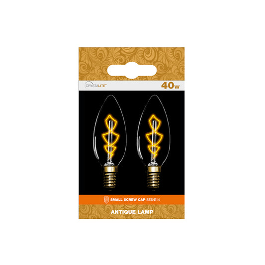 40w - Crystalite - Antique - C35 Candle - SES - Clear - Z Shape Filament - 2 pk box