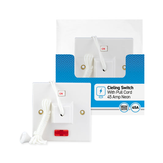 45 amp - Ceiling Switch - Pull Cord - 2 way - White - 1 pk - in Poly Bag - in Colour CDU