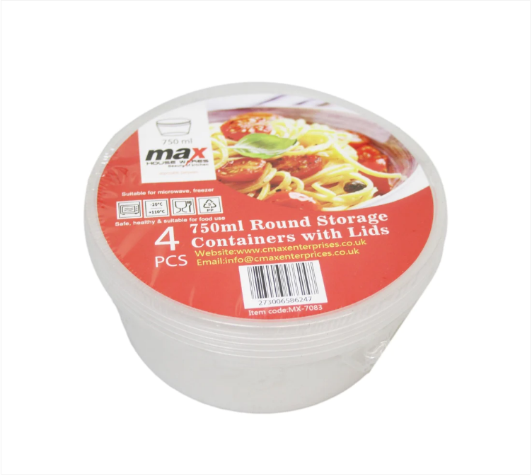 4 Pack Plastic Round Storage Food Containers Clear Microwave Safe With Lids 750ml