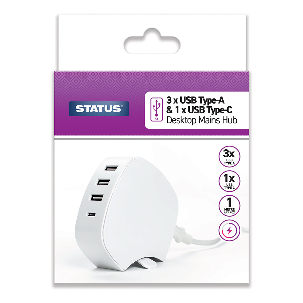 4 USB Charging Hub - 3 USB A + 1 USB C - Output 5V 8.0A - Lead Approx 1 Mtr - White - 1pk Box