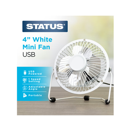 4" USB Mini Fan - White - Metal - 1 pk - in Glossy Retail Box