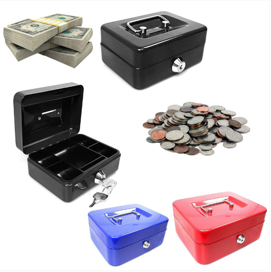 4'' Blue Black Red Cash Deposit Box Metal Security Money Bank With Tray & 2 Keys