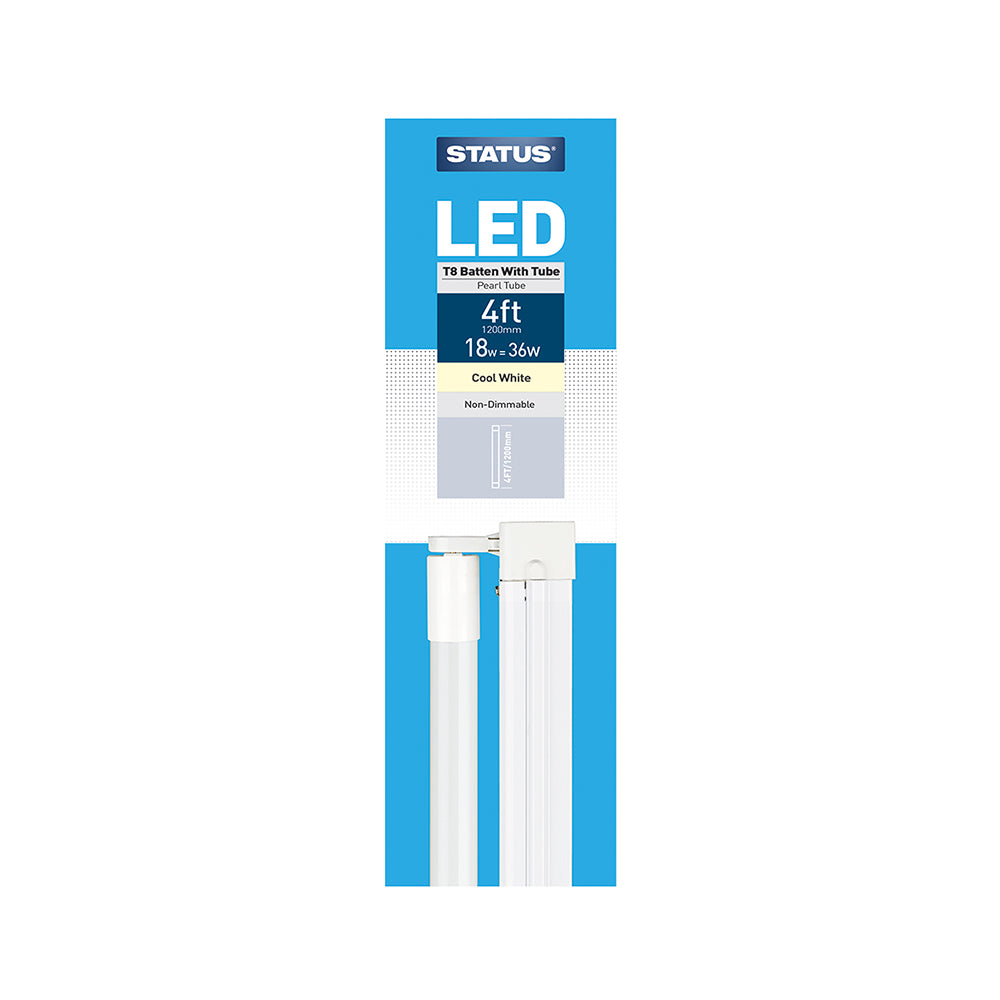 4ft / 1200mm - 18w = 2000 lumens - LED -T8 Tube - Batten Fitting - Pearl - Cool White - 1 pk box