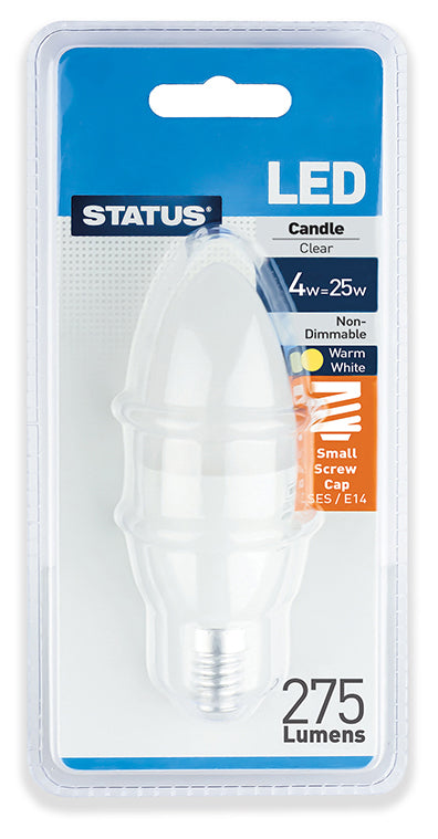 4w = 25w = 300 lumens - LED - Candle - SES - PA - Clear - Warm White - 1 pk - in a Clam Shell - in White CDU