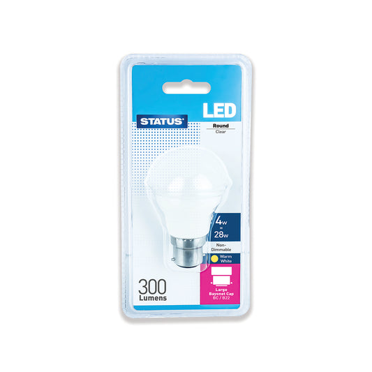 4w = 28w = 300 lumens - LED - Round - BC - PA - Clear - Warm White - 1 pk - in a Clam Shell - in White CDU