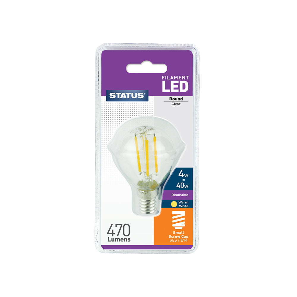 4w = 40w = 470 lumens - Dimmable - Filament LED - Round - SES - Clear - Warm White - 1 pk - in a Clam Shell - in White CDU