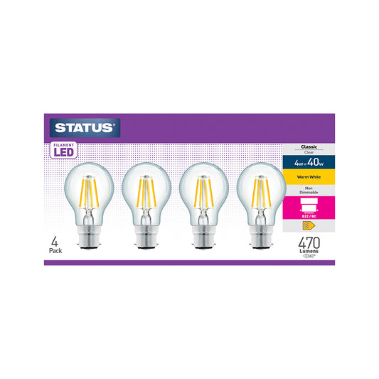 4w = 40w = 470 lumens - Filament LED - A60 GLS - BC - Clear - Warm White - 4 pk box - in Brown Box