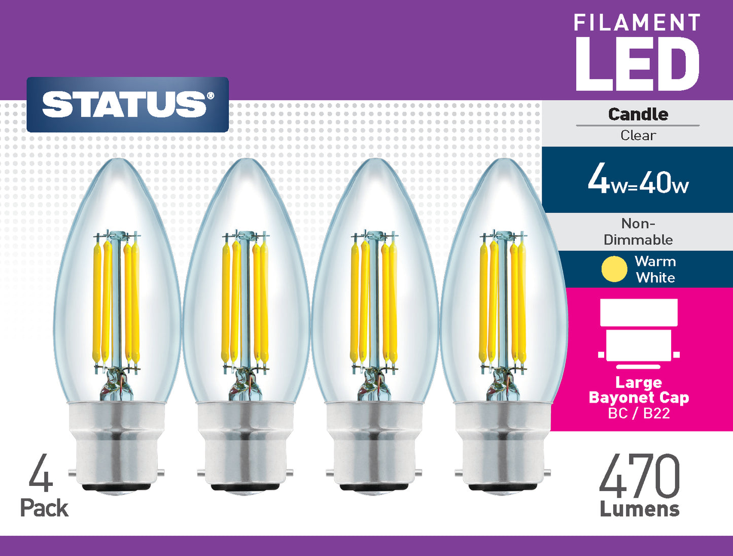 4w = 40w = 470 lumens - Filament LED - Candle - BC - Clear - Warm White - 4 pk box - in White CDU