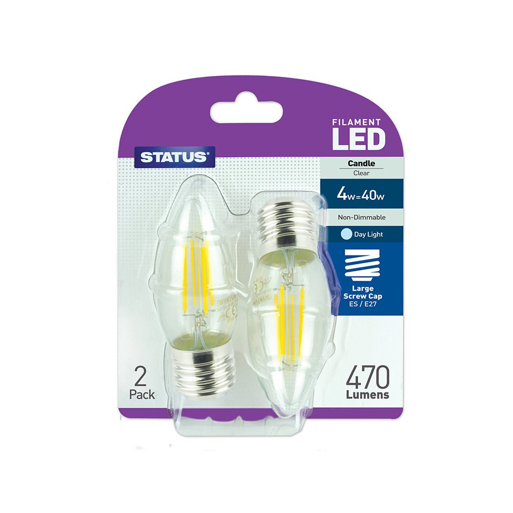 4w = 40w = 470 lumens - Filament LED - Candle - ES - Clear - Day Light - 2 pk - in a Trapped Blister