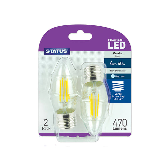 4w = 40w = 470 lumens - Filament LED - Candle - ES - Clear - Day Light - 2 pk - in a Trapped Blister