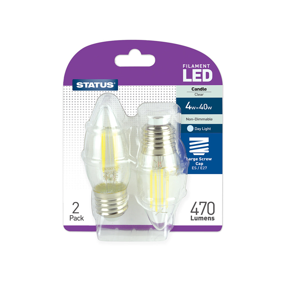 4w = 40w = 470 lumens - Filament LED - Candle - ES - Clear - Day Light- 2 pk box - n White CDU