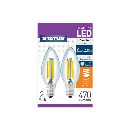 4w = 40w = 470 lumens - Filament LED - Candle - SES - Clear - Day Light- 2 pk box - n White CDU