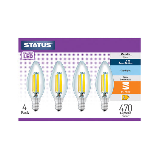 4w = 40w = 470 lumens - Filament LED - Candle - SES - Clear - Day Light- 4 pk box - n Brown Box