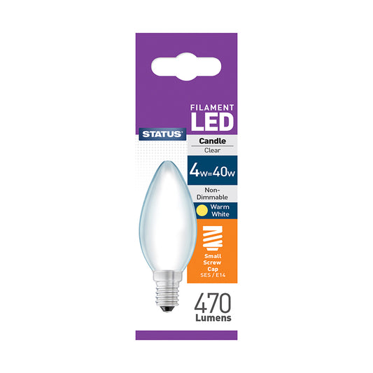 4w = 40w = 470 lumens - Filament LED - Candle -SES - Pearl - Warm White - 1 pk box - in White CDU