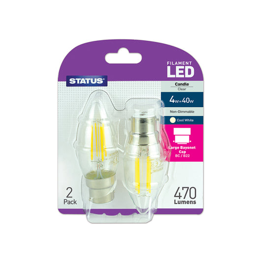 4w = 40w = 470 lumens - Filament LED - Round - BC - Clear - Cool White - 2 pk - in a Trapped Blister