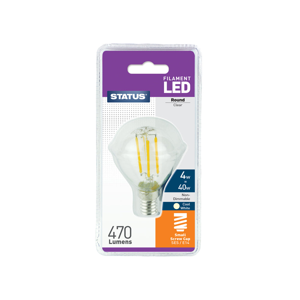 4w = 40w = 470 lumens - Filament LED - Round - SES - Clear - Cool White - 1 pk - in a Clam Shell