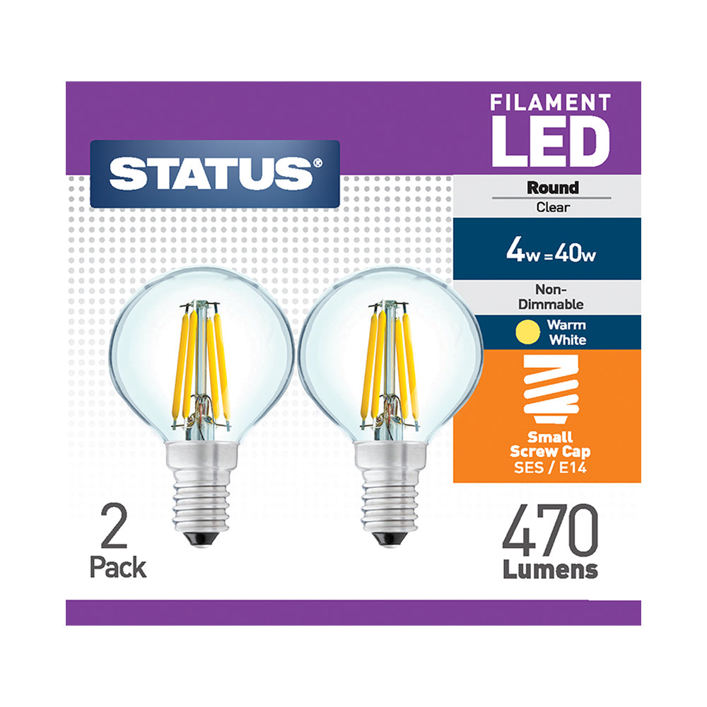 4w = 40w = 470 lumens - Filament LED - Round - SES - Clear - Warm White - 2 pk box - in White CDU