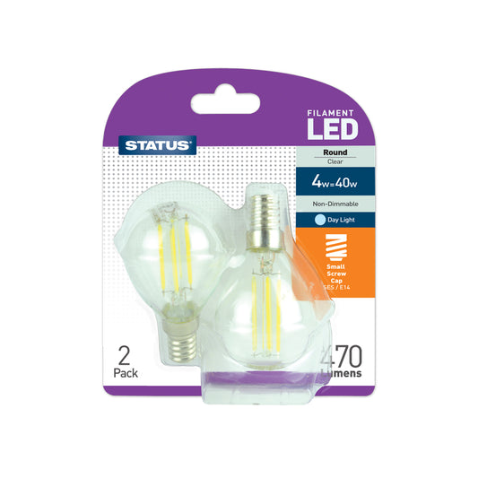 4w = 40w = 470 lumens - Filament LED - Round - SES Clear - Day Light - 2 pk - in a Trapped Blister