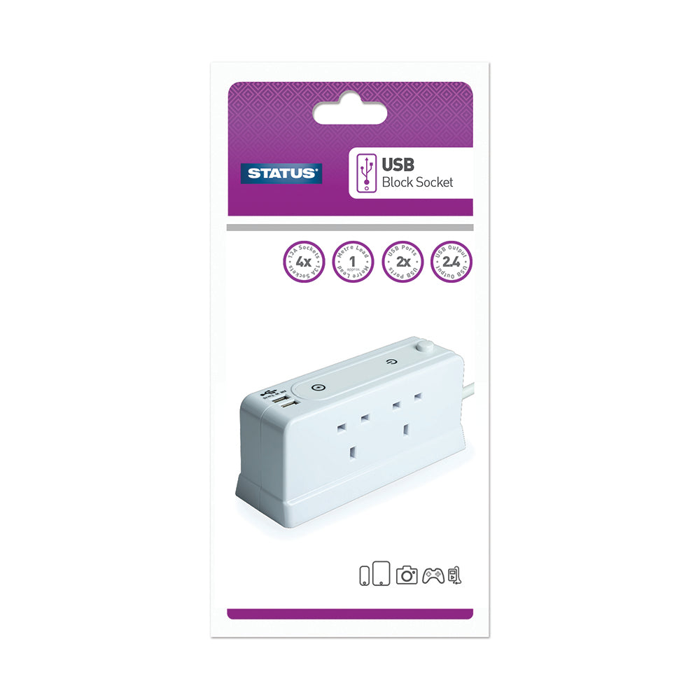 4 way - 1 Mtr - Block Extension Socket - White - 2 x USB Charging Port - Surge Protected - Neon Indicator - Plug - 1 pk - in a Glossy Retail Box