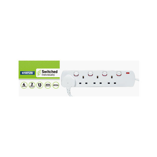 4 way - 2 Mtr - Extension Socket - Individually Switched - White - 4 x Neon Indicator - Plug - 1 pk - in a Box