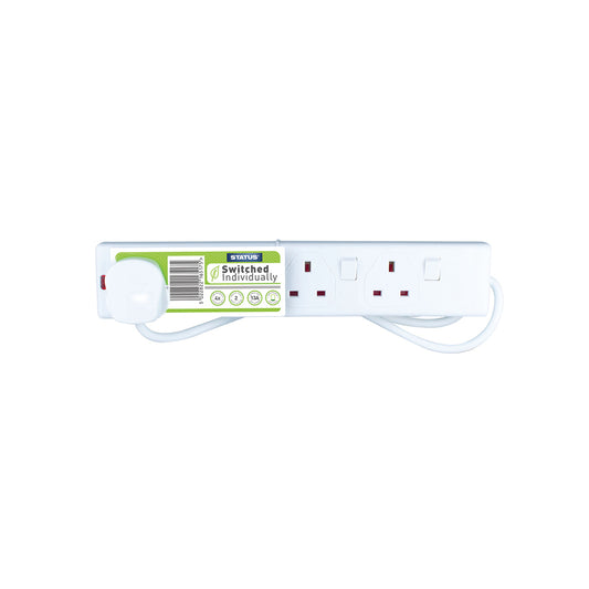 4 way - 2 Mtr - Extension Socket - Individually Switched - White - Neon Indicator - Plug - 1 pk - Card Insert - in Colour CDU