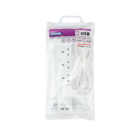 4 way - 2 Mtr - Extension Socket - White - 2 x USB Charging Port - Plug - 1 pk - in Poly Bag with Handle