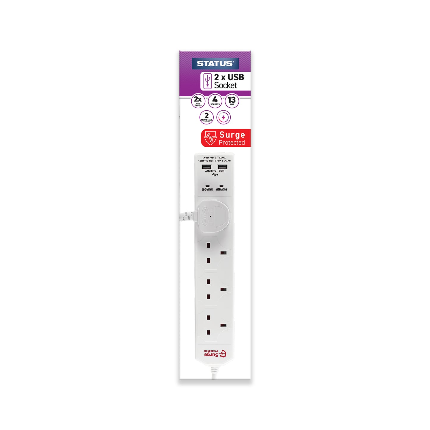 4 way - 2 Mtr - Extension Socket - White - 2 x USB Charging Port - Plug - 1 pk - in a Box