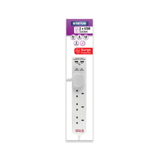 4 way - 2 Mtr - Extension Socket - White - 2 x USB Charging Port - Plug - 1 pk - in a Box