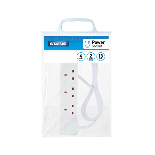 4 way - 2 Mtr - Extension Socket - White - Plug - 1 pk - in Poly Bag with Handle