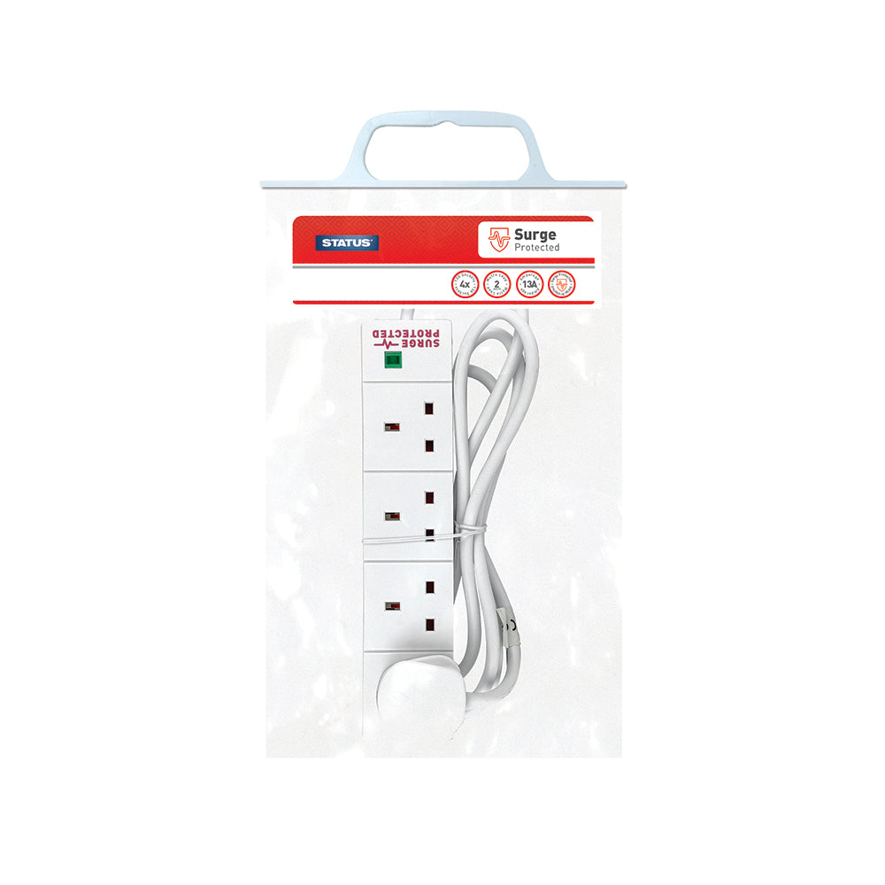 4 way - 2 Mtr - Surge Protected - Extension Socket - White - Neon Indicator - Plug - 1 pk - in Poly Bag with Handle