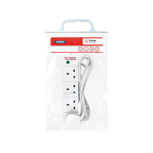 4 way - 2 Mtr - Surge Protected - Extension Socket - White - Neon Indicator - Plug - 1 pk - in Poly Bag with Handle