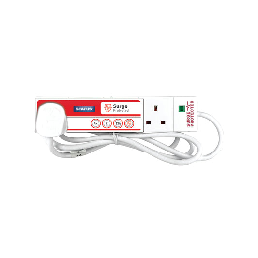 4 way - 2 Mtr - Surge Protected - Extension Socket - White - Plug - 1 pk - Card Insert - in Colour CDU