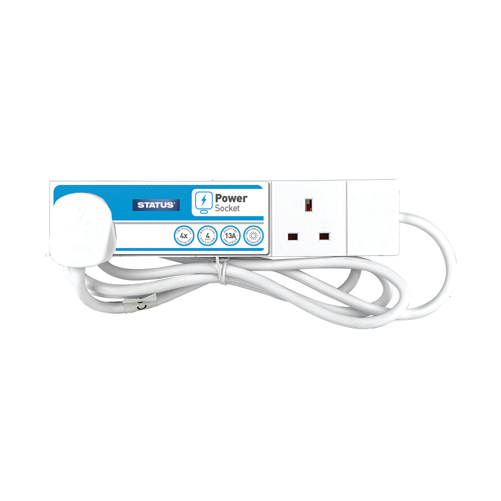 4 way - 4 Mtr - Extension Socket - White - Neon Indicator - Plug - 1 pk with Card Insert - in Colour CDU
