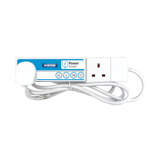 4 way - 4 Mtr - Extension Socket - White - Neon Indicator - Plug - 1 pk with Card Insert - in Colour CDU