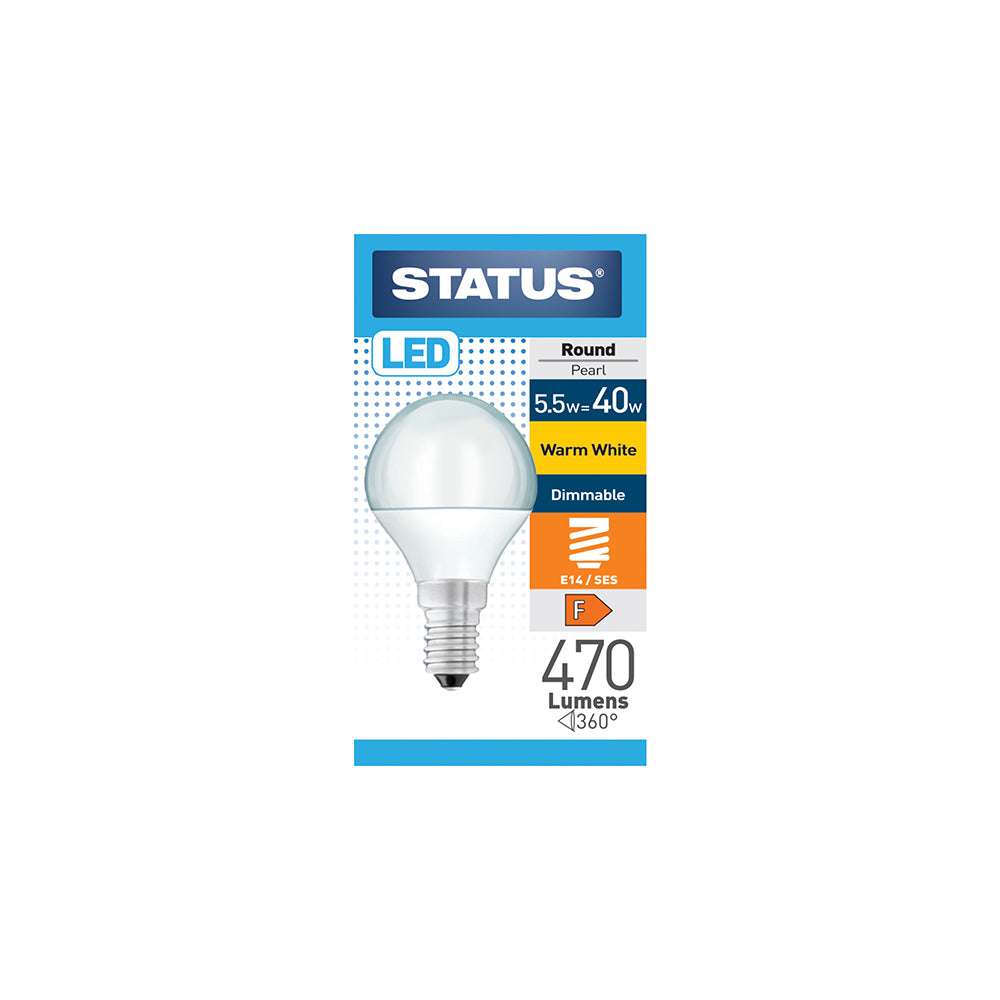 5.5w = 40w = 470 lumens - Dimmable LED - Round - E14 - PA - Pearl - Warm White - 1 pk box - in White CDU