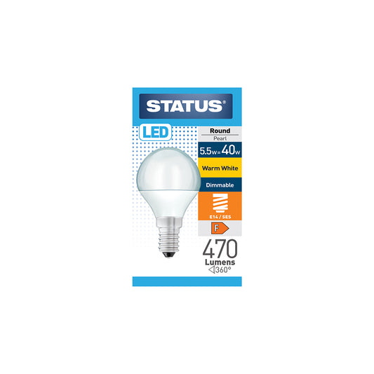 5.5w = 40w = 470 lumens - Dimmable LED - Round - E14 - PA - Pearl - Warm White - 1 pk box - in White CDU