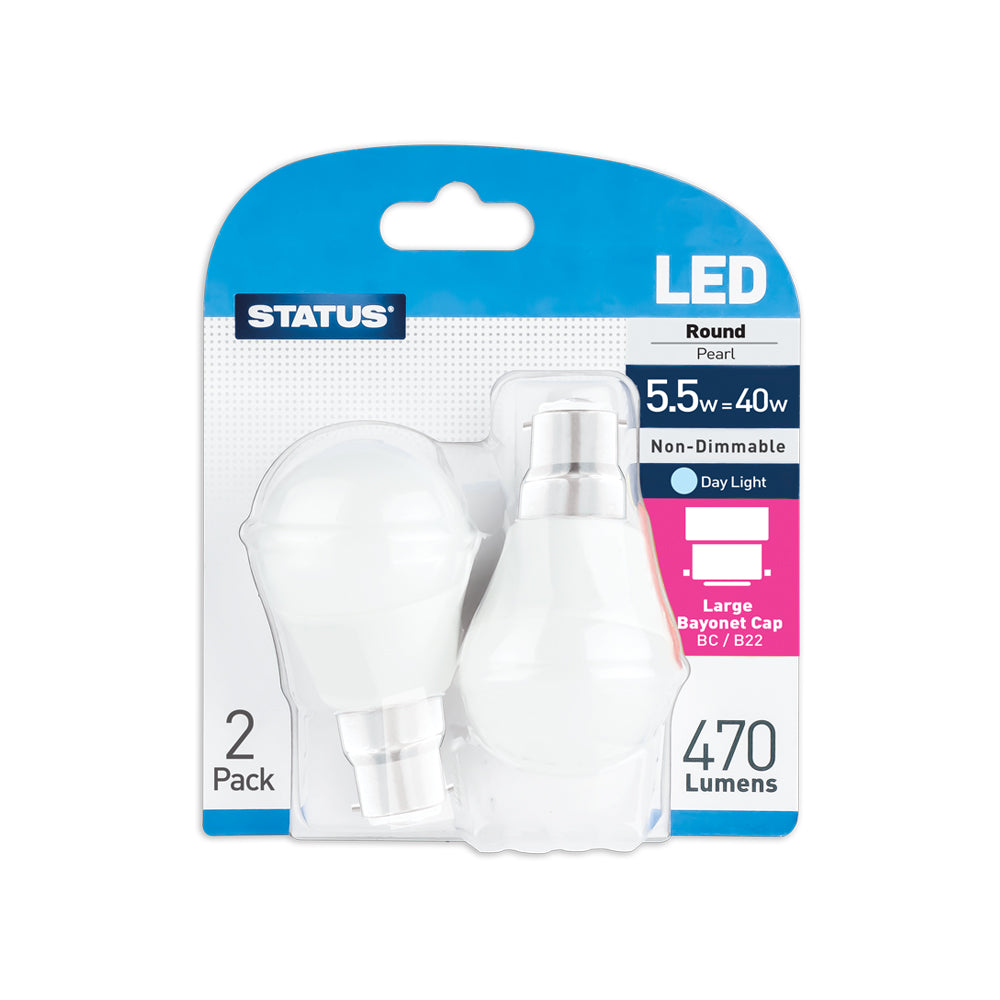 5.5w = 40w = 470 lumens - LED - Round - BC - PA - Pearl - Day Light - 2 pk - in a Trapped Blister