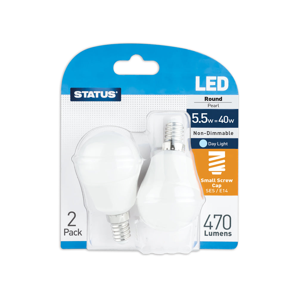 5.5w = 40w = 470 lumens - LED - Round - SES - PA - Pearl - Day Light - 2 pk - in a Trapped Blister