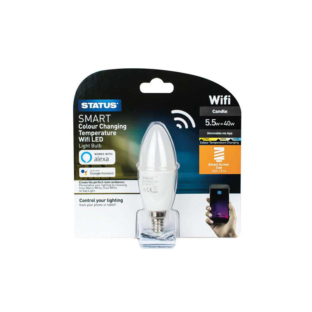 5.5w = 40w = 470 lumens - Smart - Candle - SES - PA - Pearl - Colour Changing Temperature - 1 pk Trapped Blister
