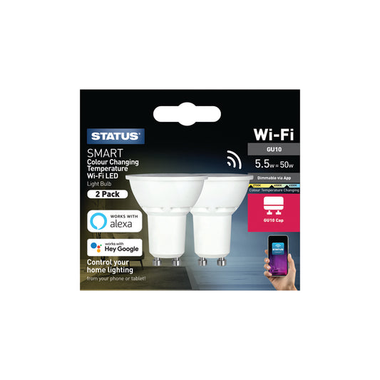 5.5w = 40w = 470 lumens - Smart - GU10 - PA - Pearl - Colour Changing Temperature - 2 pk box
