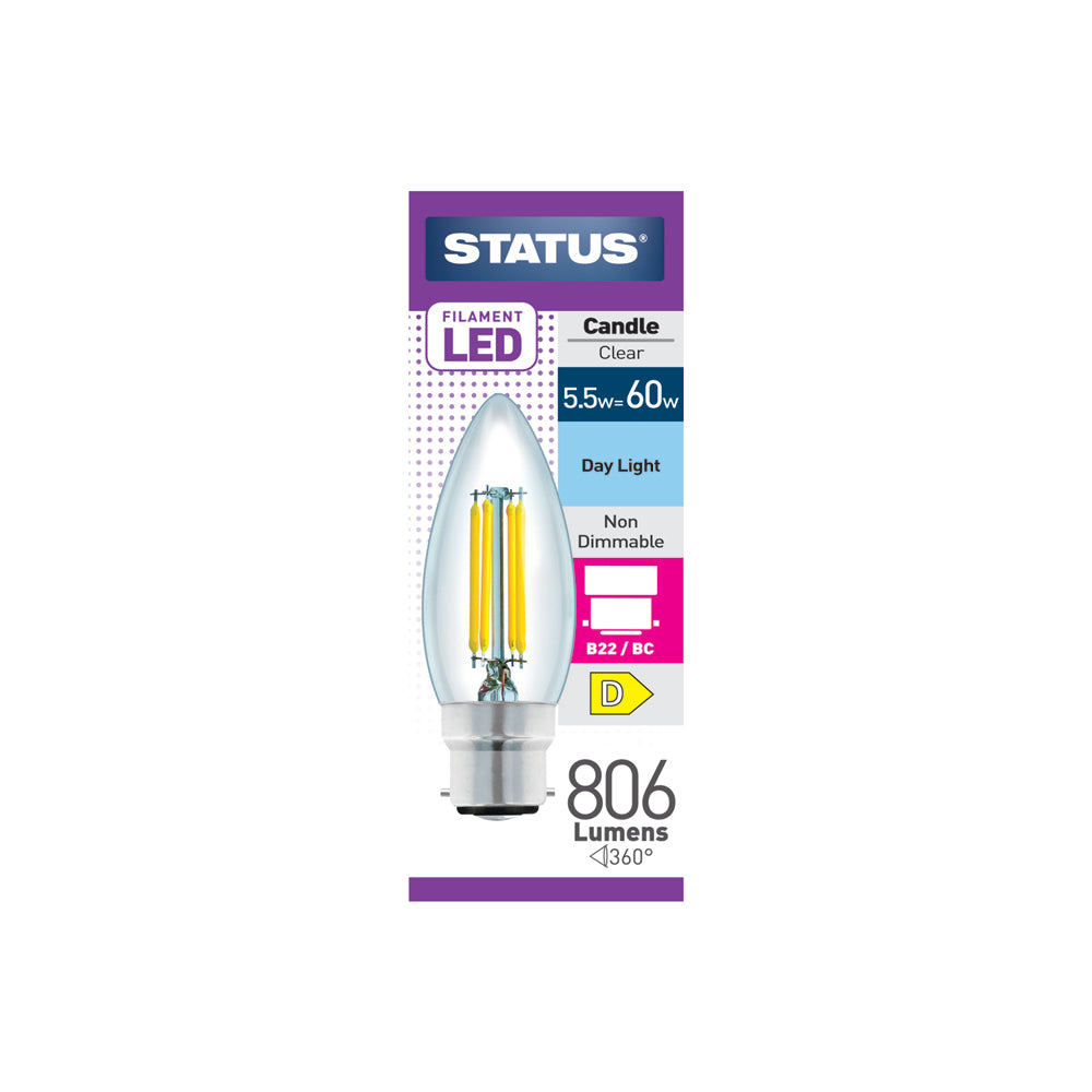 5.5w = 60w = 806 lumens - Filament LED - Candle - BC - Clear - Day Light - 1 pk box - in White CDU
