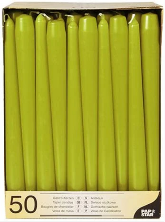 50 Olive Green Taper Candles 250mm