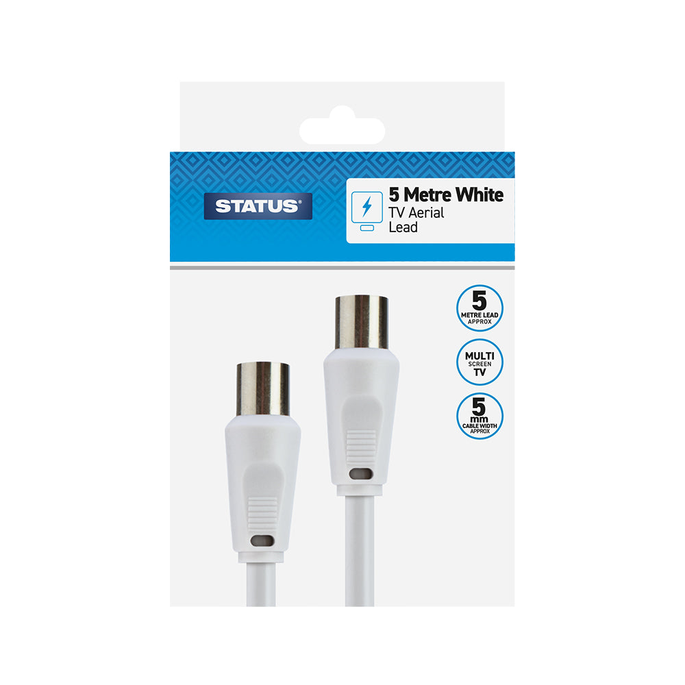5 Mtr - Aerial Coaxial Lead - Male to Male - Cable 5mm - White - 1 pk in Box