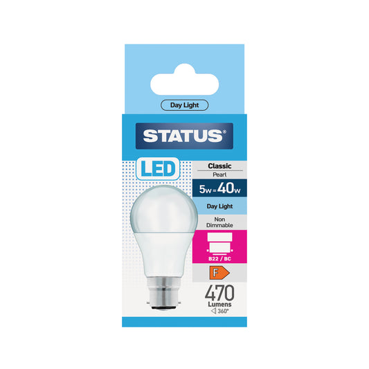 5w = 40w = 470 lumens - LED - A60 GLS - B22 - PA - Pearl - Day Light - 1 pk box - in White CDU