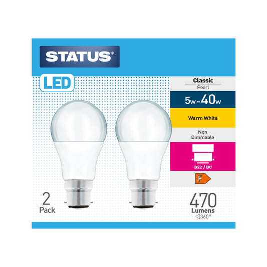 5w = 40w = 470 lumens - LED - A60 GLS - B22 - PA - Pearl - Warm White - 2 pk box - in White CDU