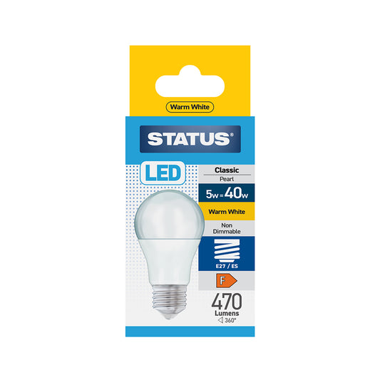 5w = 40w = 470 lumens - LED - A60 GLS - E27 - PA - Pearl - Warm White - 1 pk box - in White CDU