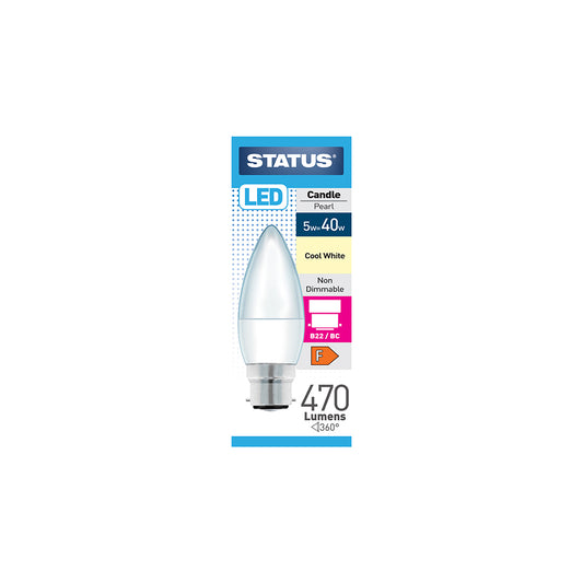 5w = 40w = 470 lumens - LED - Candle - B22 - PA - Pearl - Cool White - 1 pk box - in White CDU