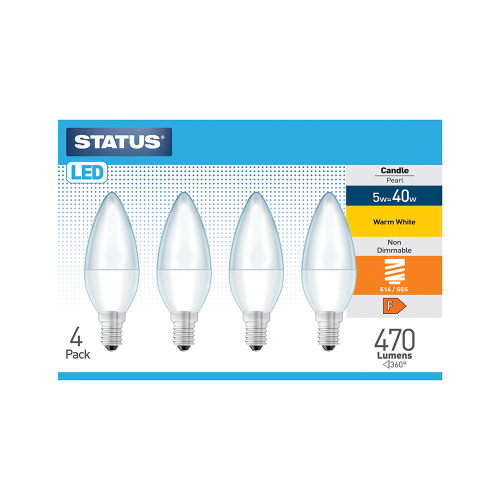 5w = 40w = 470 lumens - LED - Candle - E14 - PA - Pearl - Warm White - 4 pk box - in Brown Box